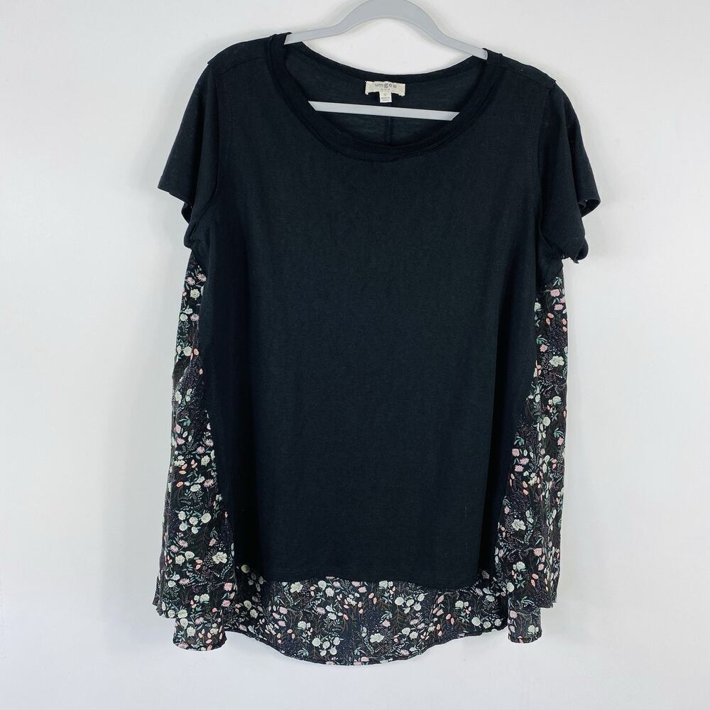 Umgee Tunic Top Small Black Floral Back Mixed Media Short Sleeve Boho Casual